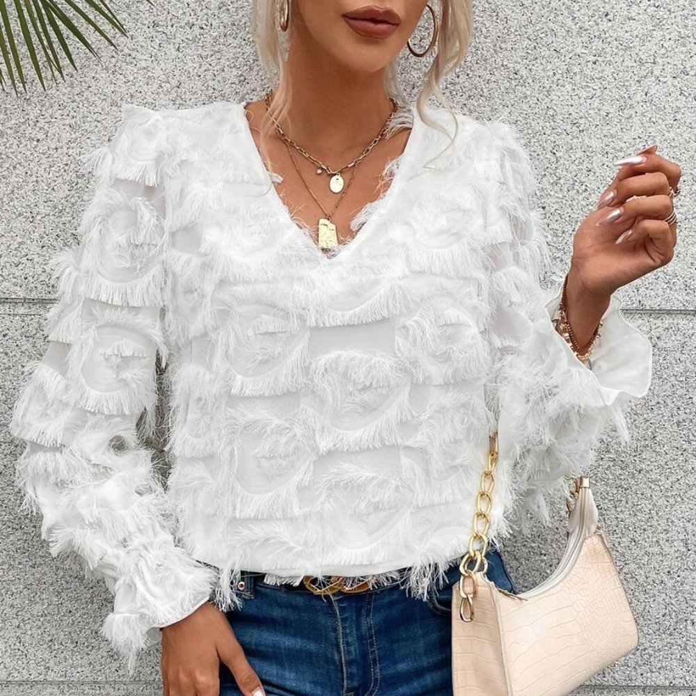 White Fuzzy Flare Sleeve Blouse